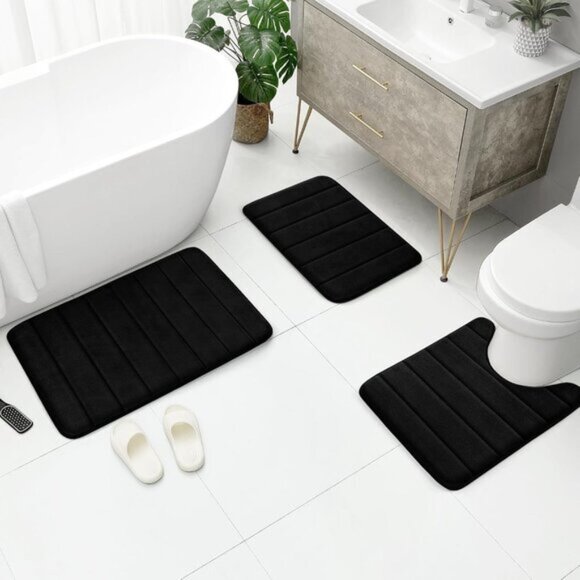 New 3-Piece Black Memory Foam Bath Rug Set, Non-Slip, Soft, Absorbent, Washable